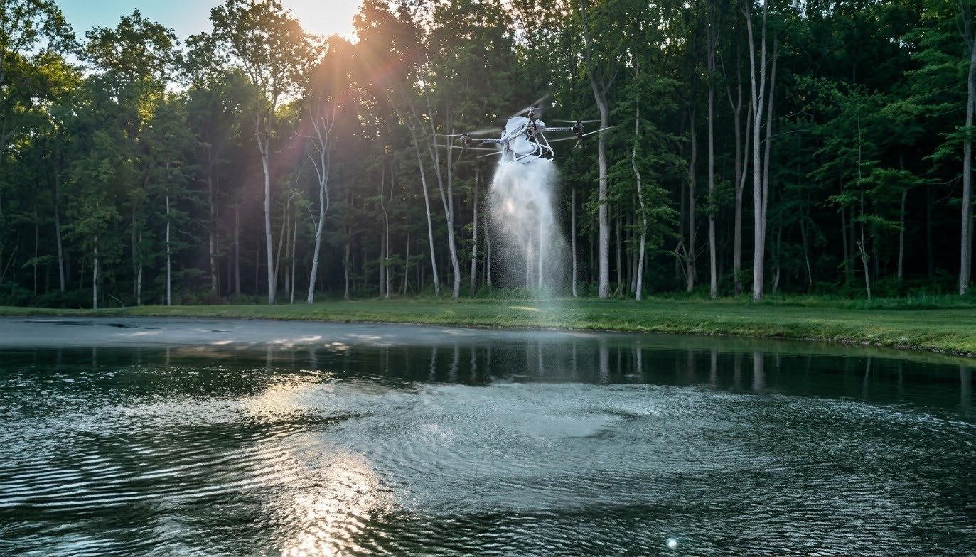 Drone applying granular sealant across a farm pond
