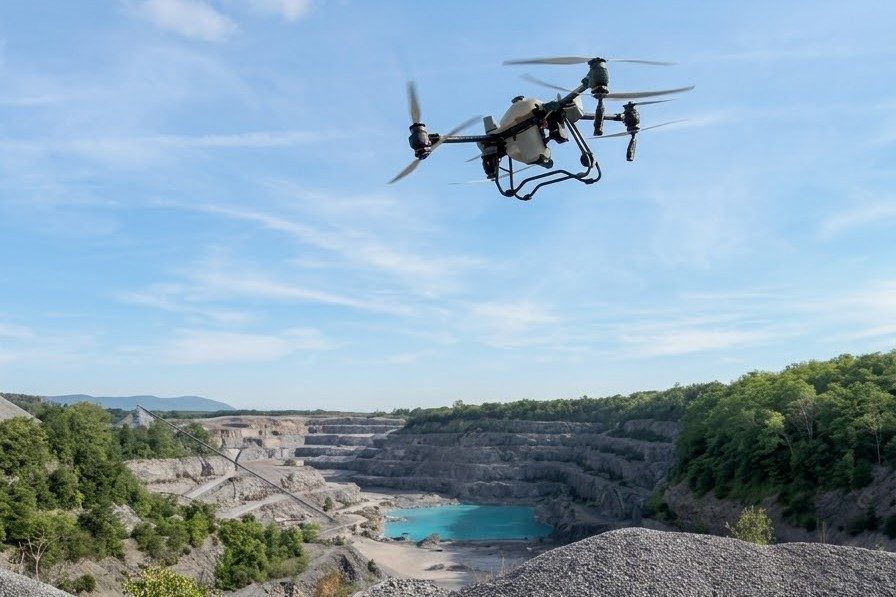 Spray drone working the steep faces of a stone quarry